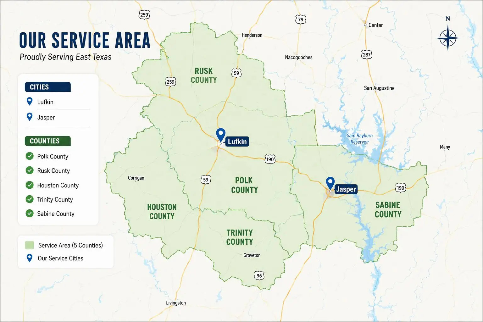 Elite Septic Service areas across Lufkin, Jasper and East Texas