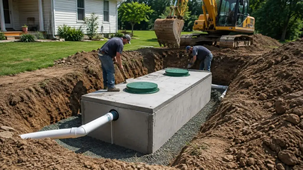 New septic tank being lowered into an excavated trench during a residential installation