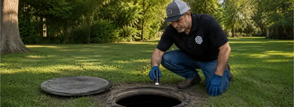 Septic technician inspecting an open tank during a repair call