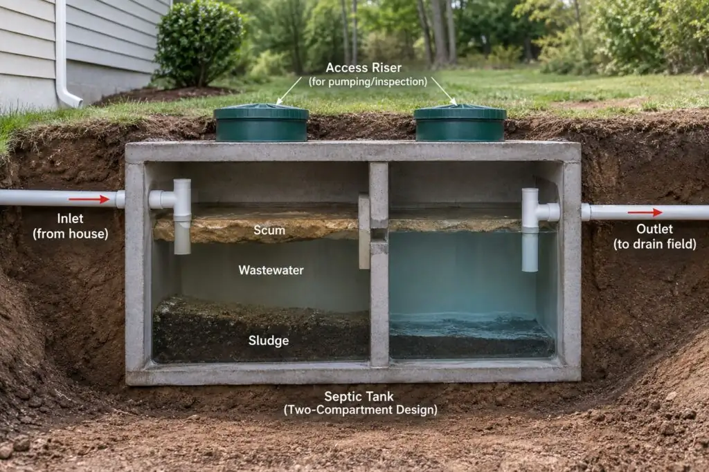 Septic system design drawing showing tank and drainfield layout