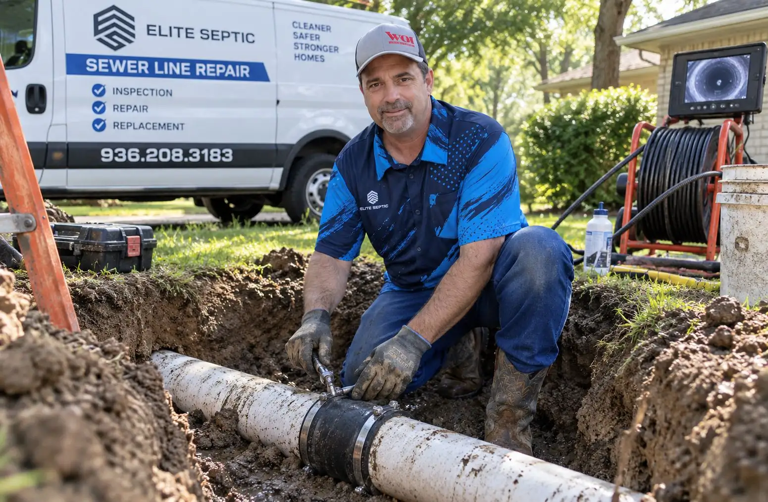 Sewer line repair trench in an East Texas yard