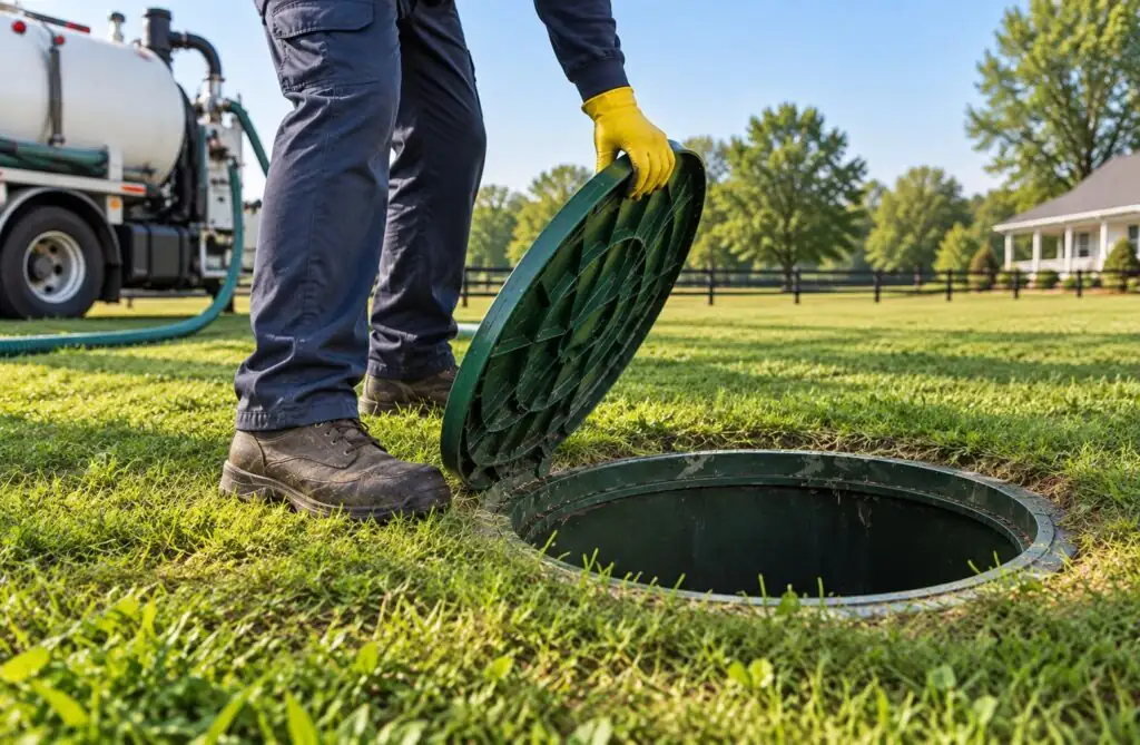 Technician inspecting a septic tank for a Lufkin property owner