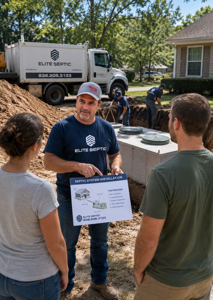 Elite Septic Service technician carrying out septic system maintenance in Jasper, TX
