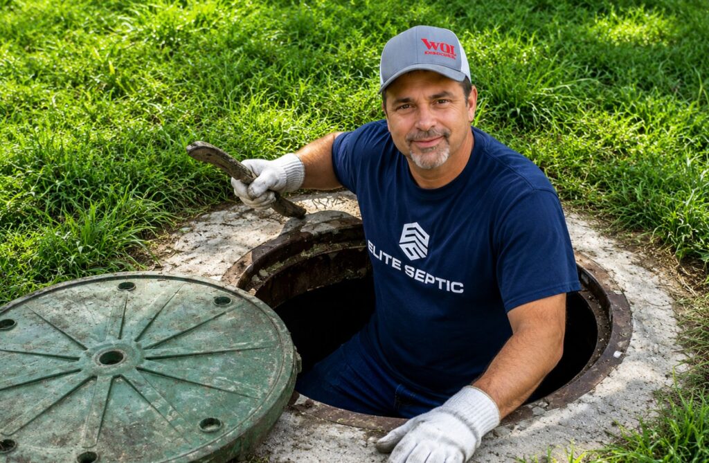 Technician working on a tank lid during a septic tank repair in Jasper, TX