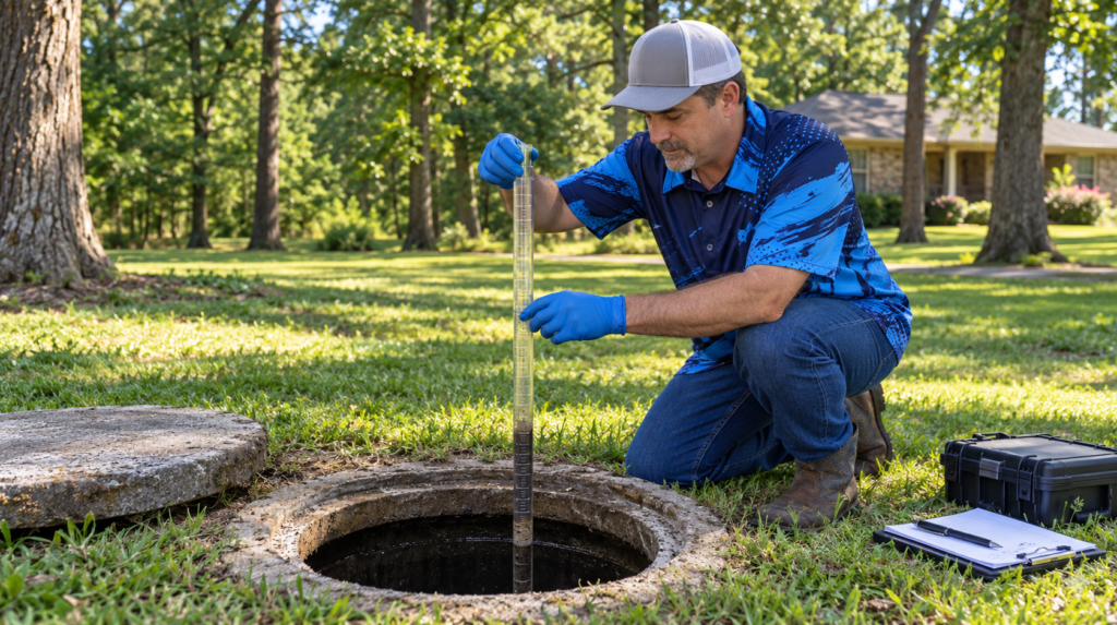 Elite Septic owner measuring sludge levels during a septic tank inspection at an East Texas home.