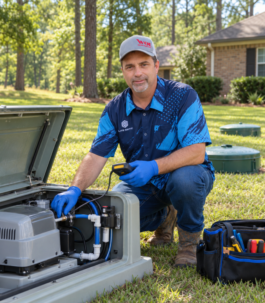 Elite Septic owner checking an aerobic system’s air compressor during septic system maintenance in East Texas.
