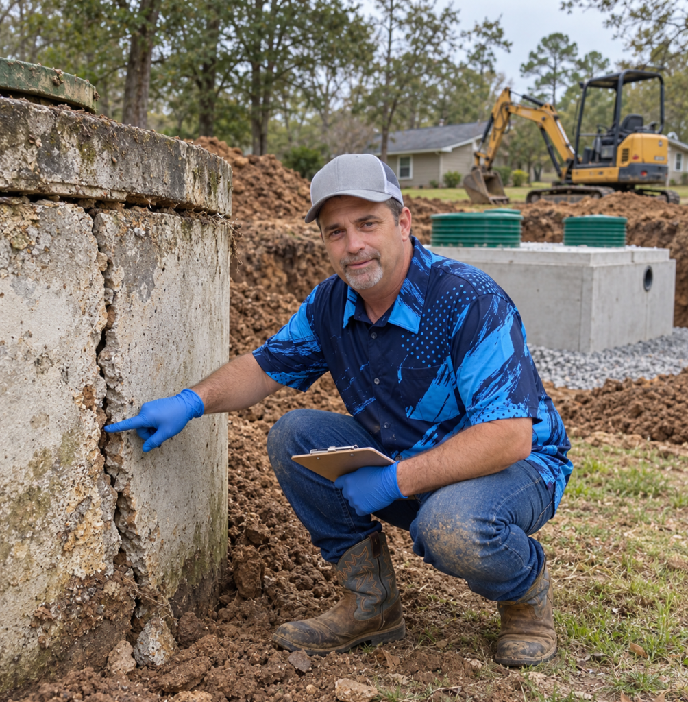 Elite Septic owner examining cracks in an old septic tank before system replacement in East Texas.