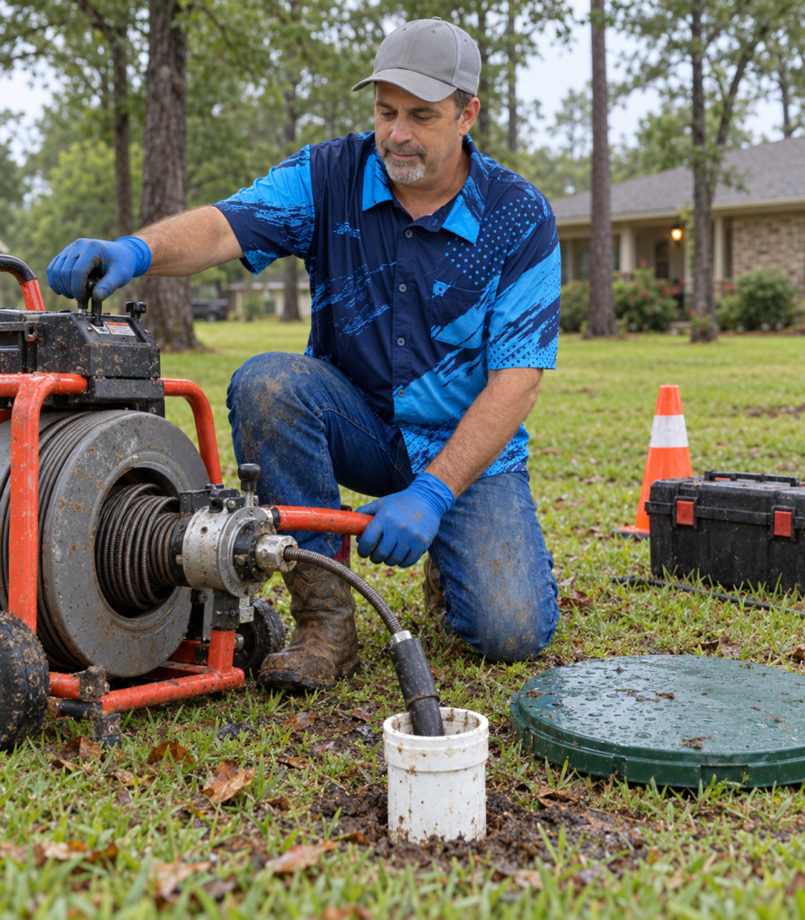 Elite Septic owner clearing a blocked sewer line during emergency septic service at an East Texas home.