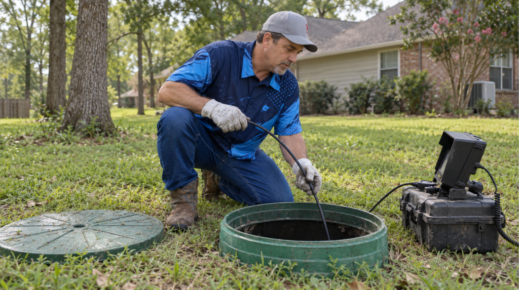 Technician Diagnosing Septic Access Riser